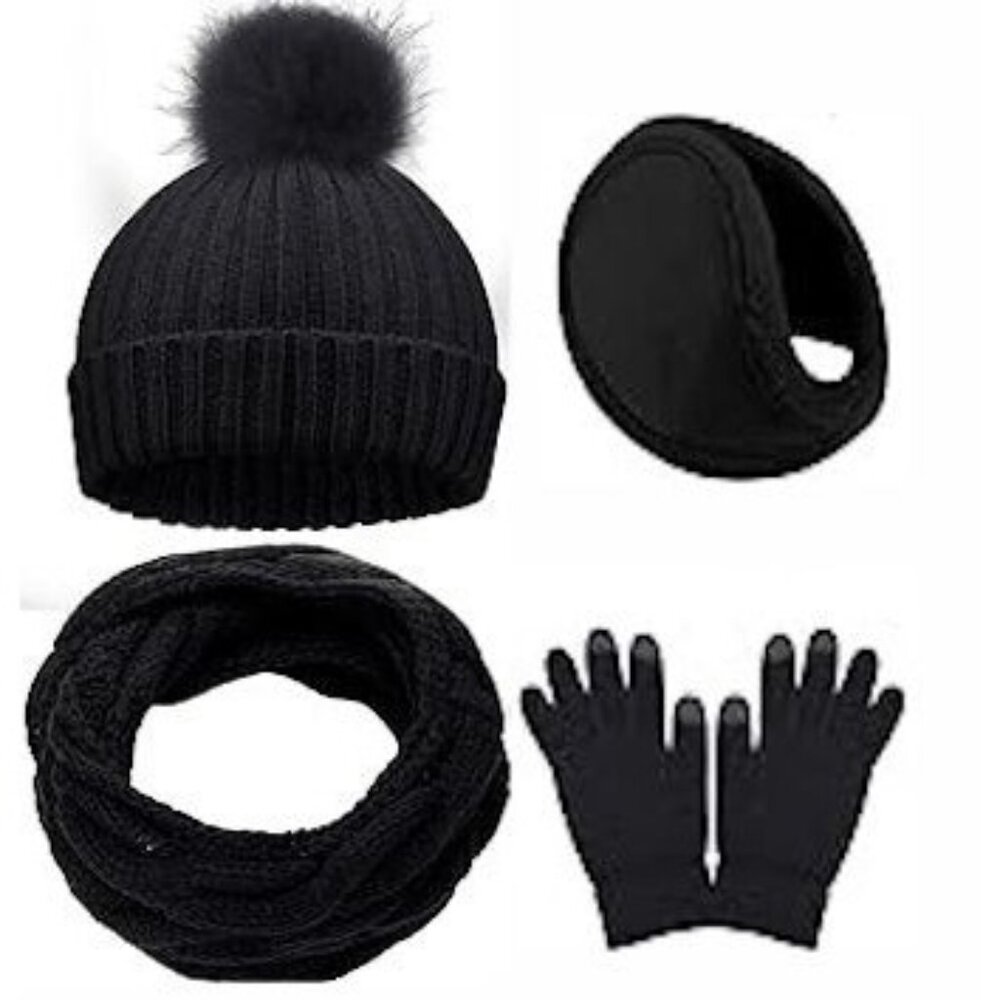 Womens 4 Piece Set Winter Knitted Beanie Hat Circle Scarf Gloves Earmuff Black